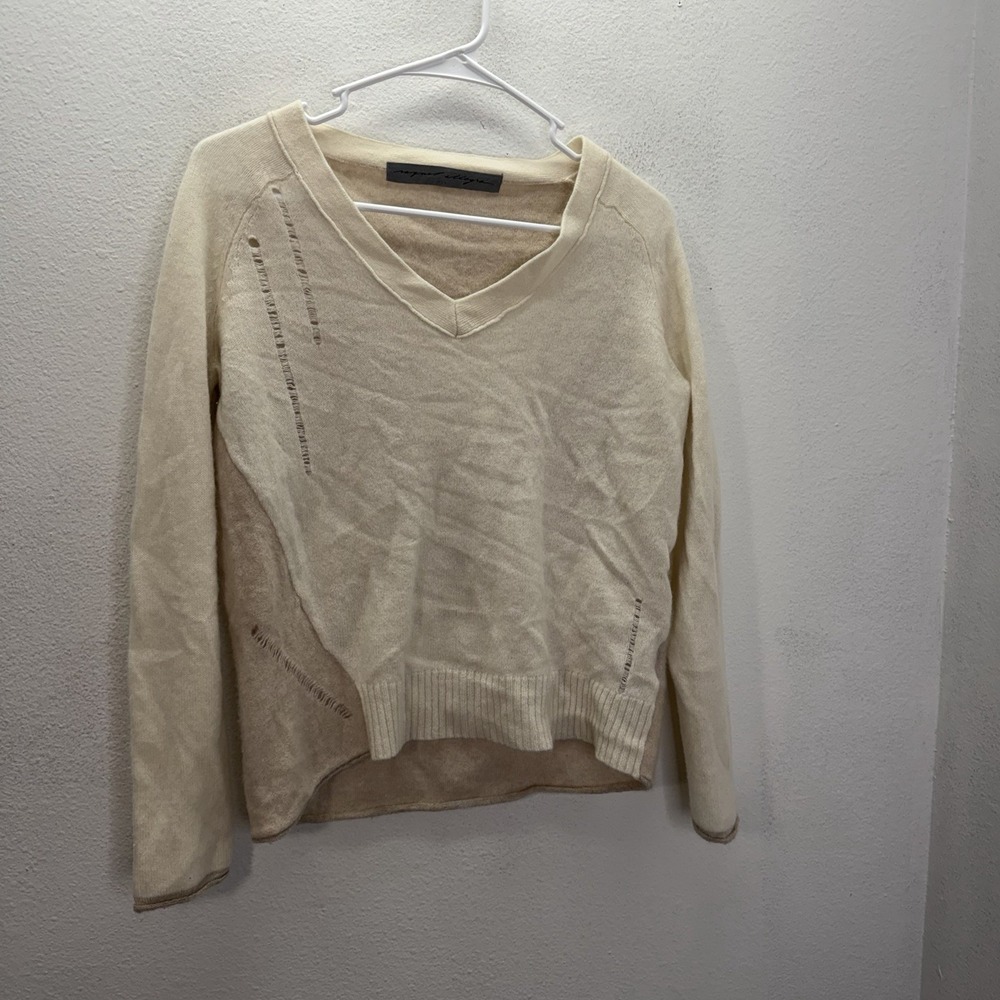 Raquel Allegra Distressed 100% Cashmere Sweater Cream Beige Pullover Womens S